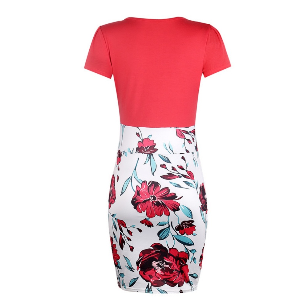 FLORAL SHORT SLEEVE O- NECK BODYCON MIDI DRESS - Picture 3 of 4